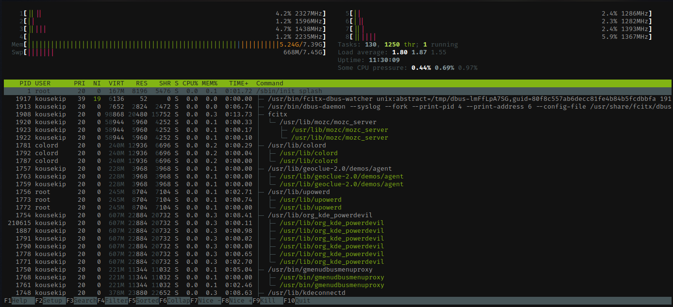The htop monitor: eight per-core usage bars at the top, a summary reading 130 tasks, 1250 threads, 1 running, and a list of processes whose state column is almost all S