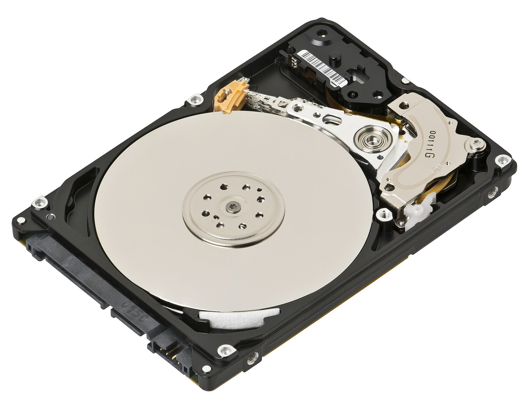 A 2.5-inch laptop hard disk with its cover removed, showing a silver platter and a read/write arm pivoting from the right side with the head at its tip over the platter