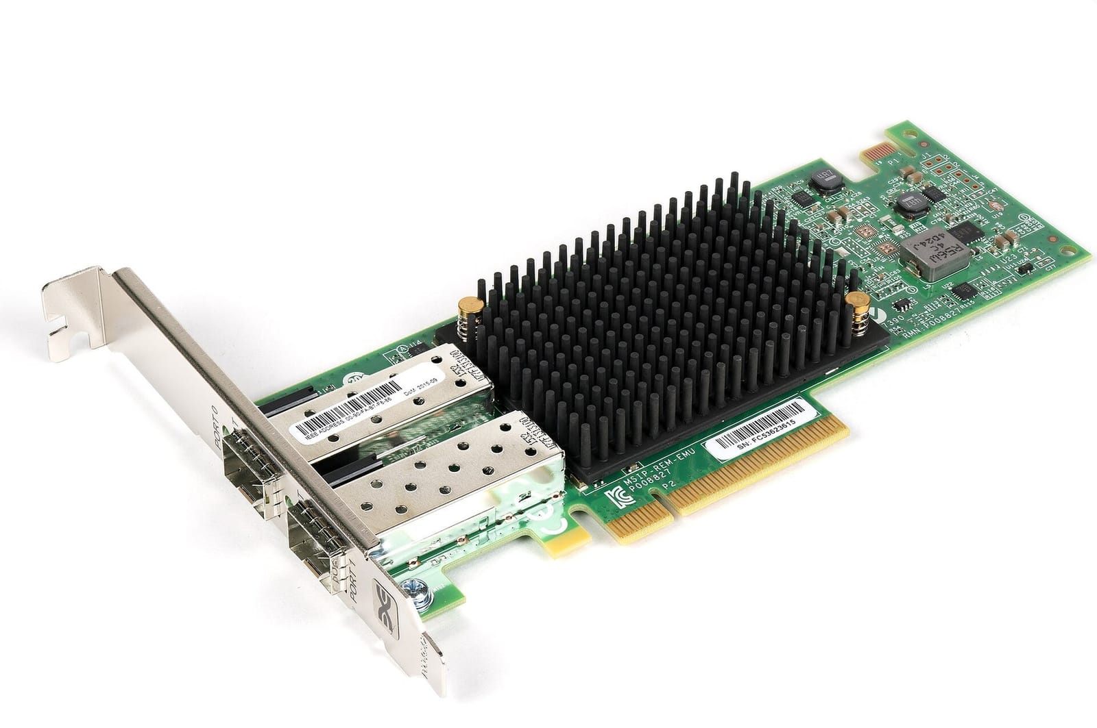 A server network card with two SFP+ port cages on its metal bracket, a large black heatsink in the middle of the board and a PCI Express edge connector along the bottom