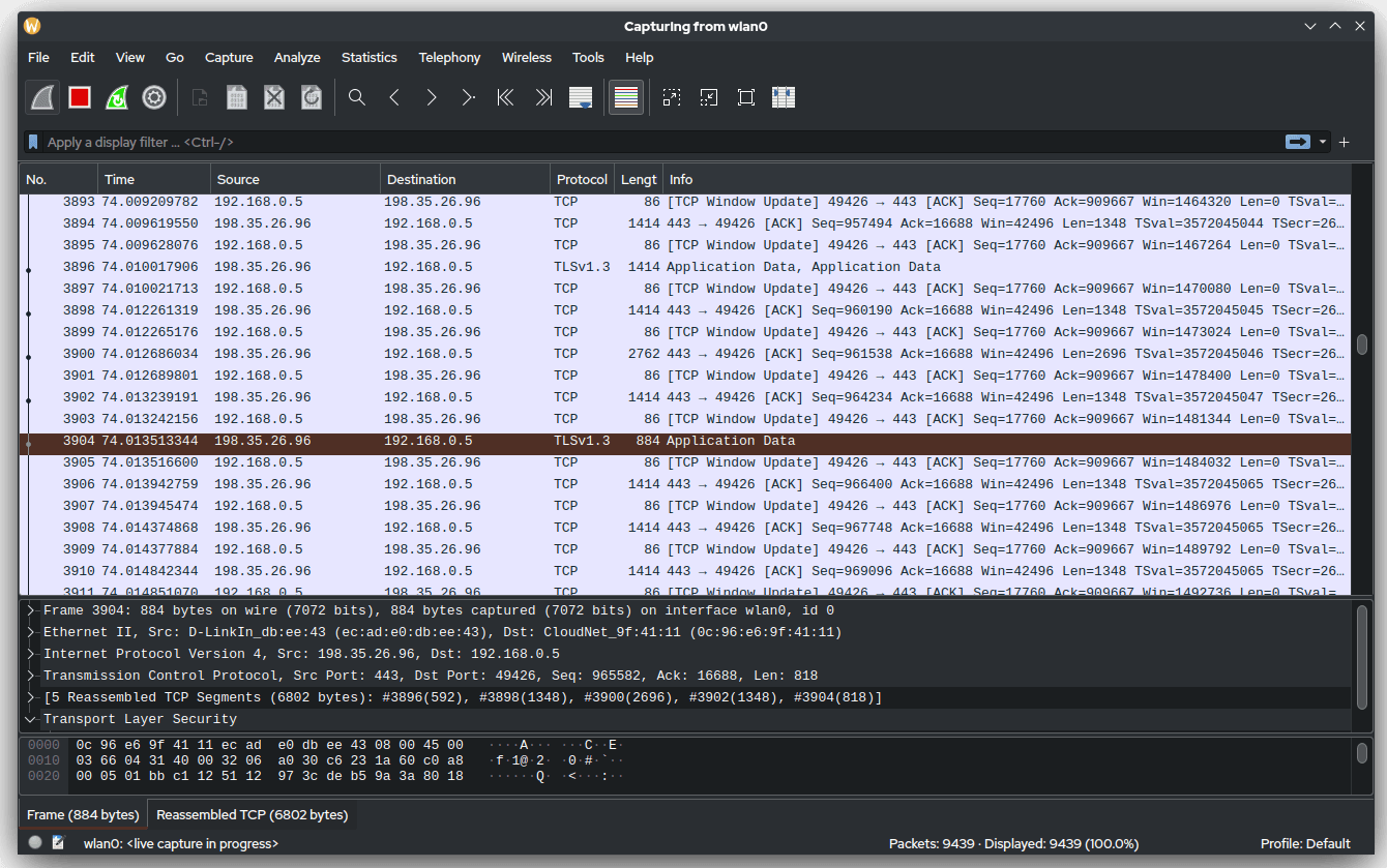 Wireshark capturing an HTTPS download: a list of TCP packets between 192.168.0.5 and 198.35.26.96, and below it packet 3904 expanded into Frame, Ethernet II, Internet Protocol Version 4, Transmission Control Protocol, 5 Reassembled TCP Segments and Transport Layer Security