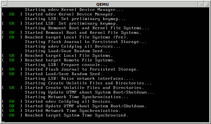 A boot console showing systemd lines such as Starting udev Kernel Device Manager, OK Started, and OK Reached target Local File Systems