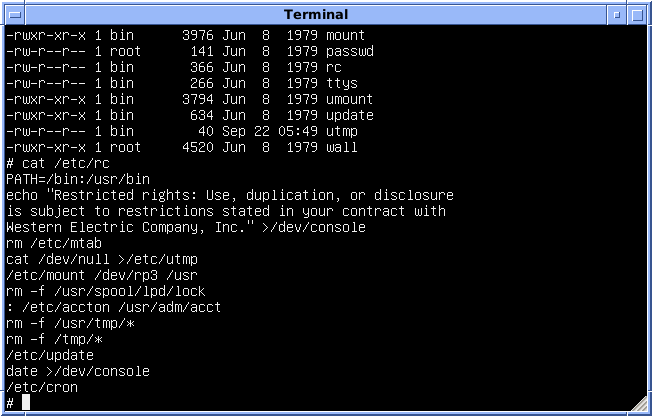 A terminal showing the contents of /etc/rc on Version 7 Unix: commands that mount /usr, remove temporary and lock files, and start the update and cron daemons
