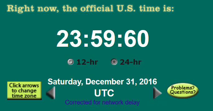 The time.gov clock reading 23:59:60 UTC on Saturday, December 31, 2016