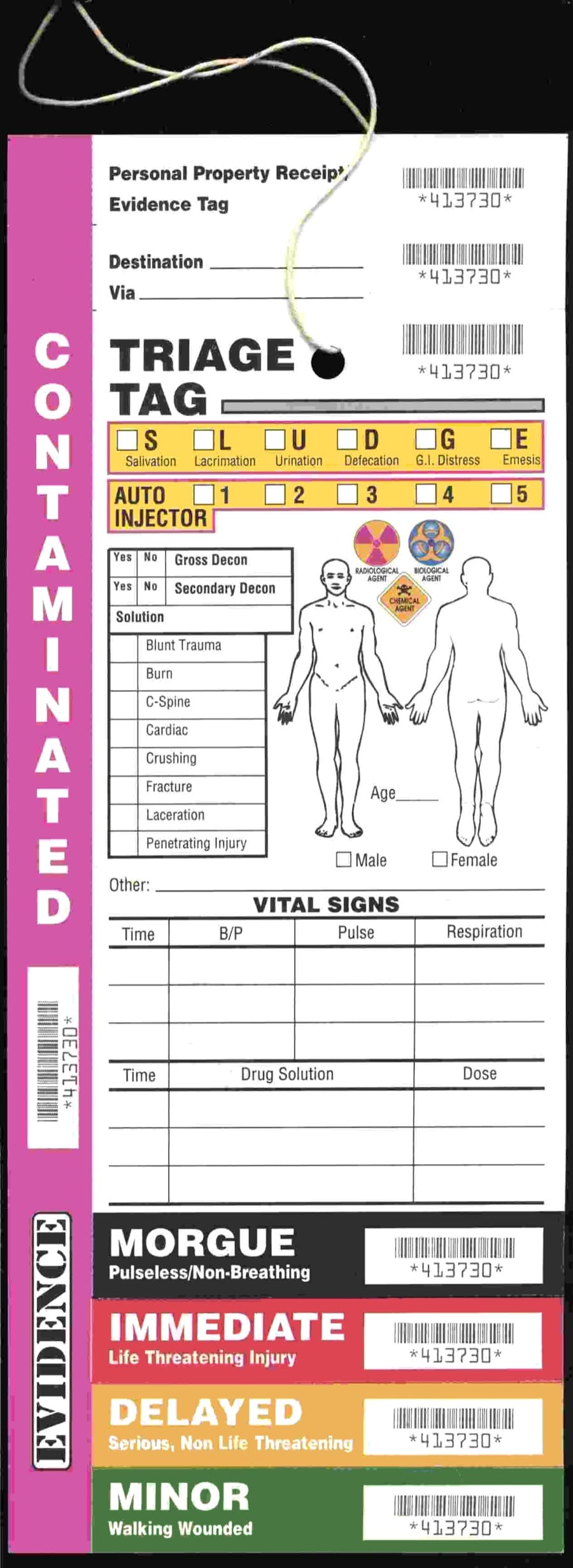A paper triage tag with tear-off coloured strips at the bottom labelled Morgue, Immediate, Delayed and Minor