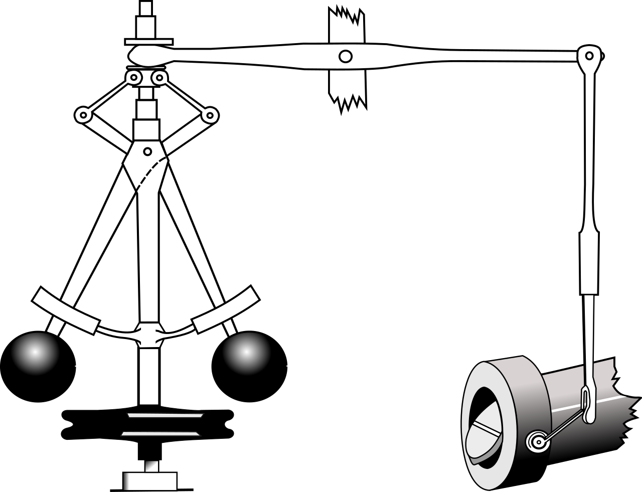 A centrifugal governor: two heavy balls on hinged arms around a spinning vertical shaft, linked by a lever to a throttle valve in a steam pipe at the right
