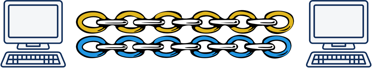 Two computers joined by two separate chains, one yellow and one blue