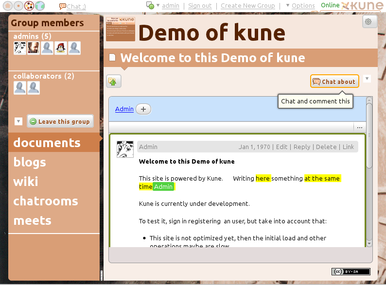 A web document editor in which two passages of text are highlighted in yellow and a green label reading Admin marks where another person's cursor is