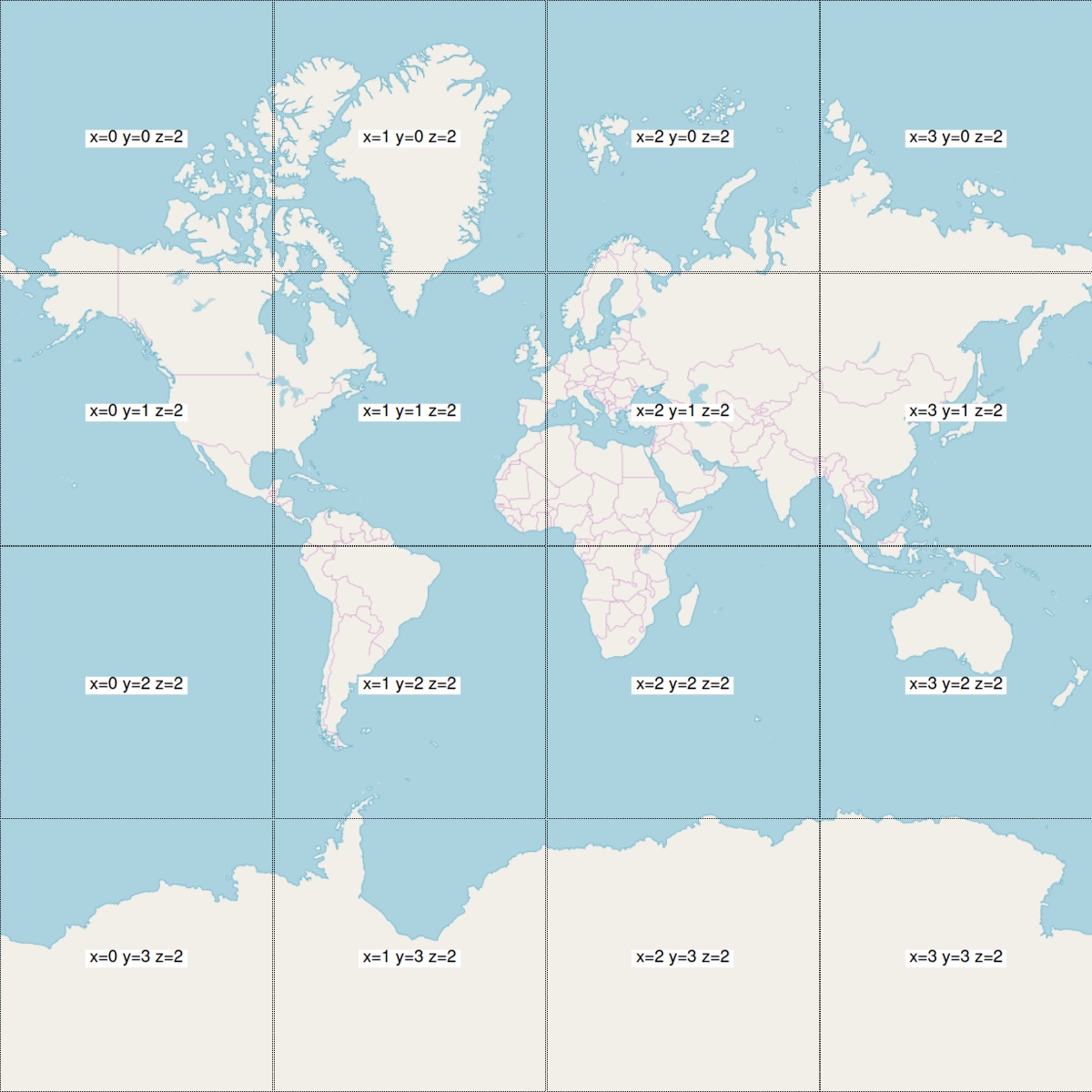 A world map cut into a 4 by 4 grid, each square labelled with its x, y and z numbers, from x=0 y=0 at the top left to x=3 y=3 at the bottom right
