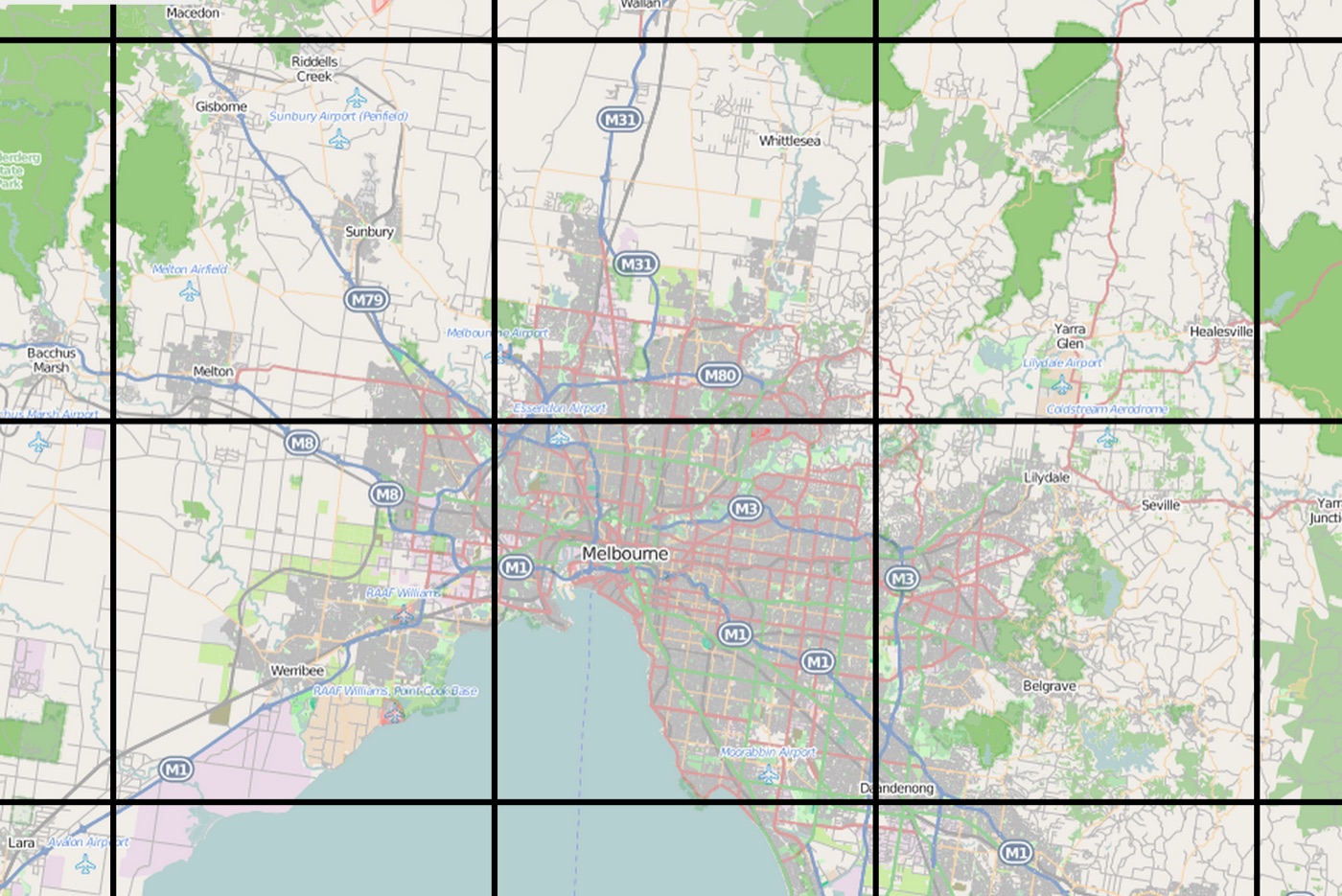 An OpenStreetMap street map around Melbourne with thick black lines drawn along the tile boundaries, showing the map is made of square pieces