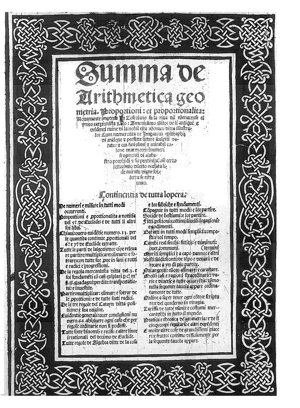 The title page of Luca Pacioli's Summa de arithmetica geometria proportioni et proportionalita, 1523 edition, inside a black decorative border