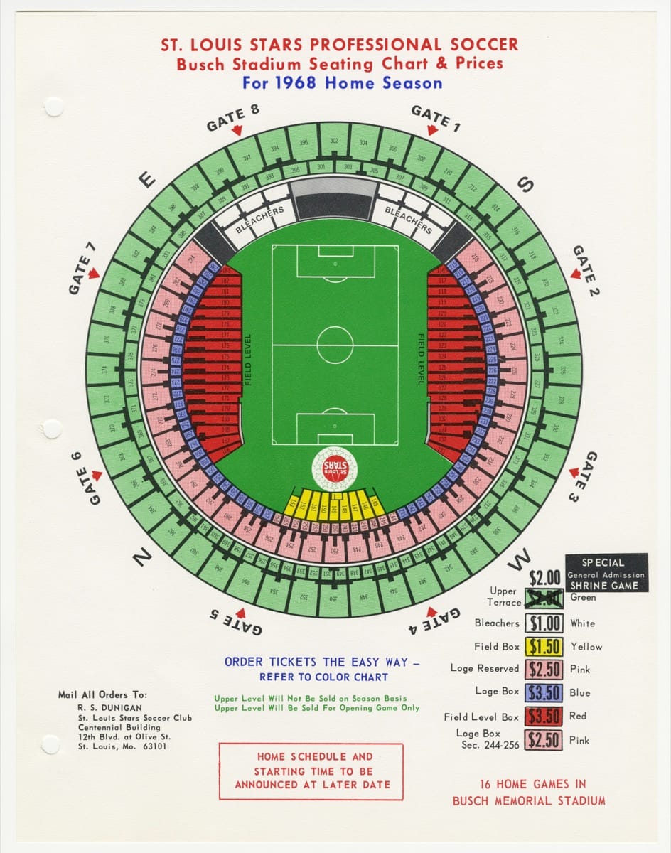 A colour seating chart for Busch Memorial Stadium in 1968, showing numbered sections in rings around a soccer field, coloured by price, with a price key