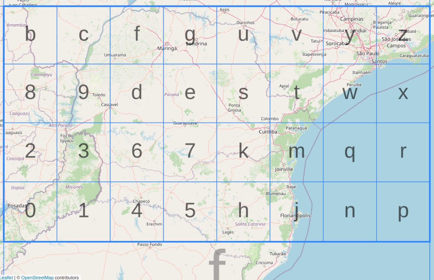 A map of southern Brazil divided into 32 rectangles, each labelled with a two-character geohash beginning with 6g