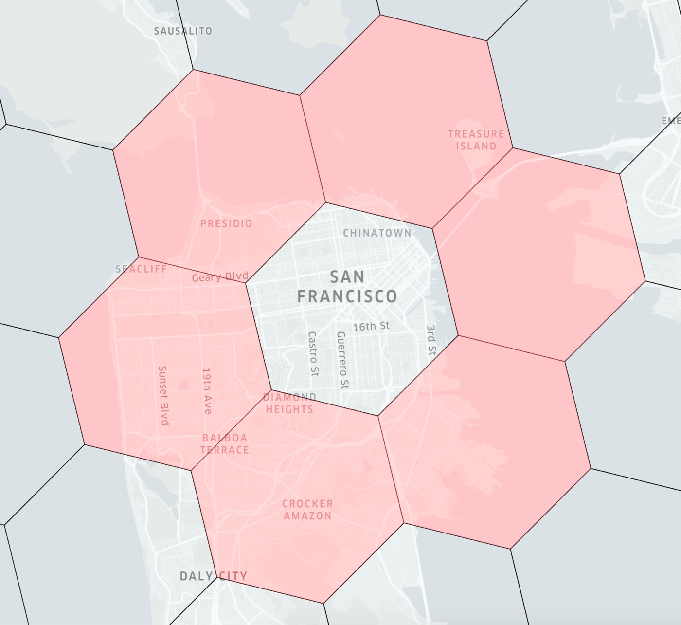 A map of San Francisco with one large hexagon over the city centre and its six neighbouring hexagons shaded