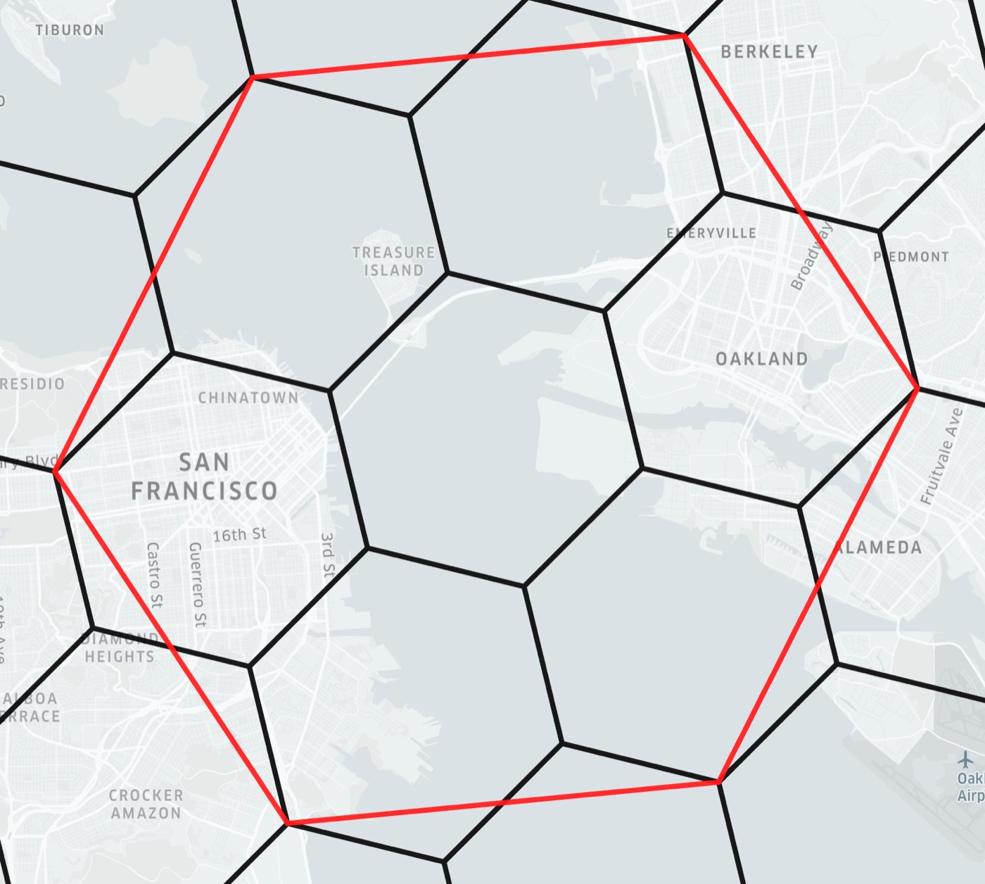 Seven small hexagons over San Francisco Bay with a larger red hexagon outline around them that they don't fit exactly