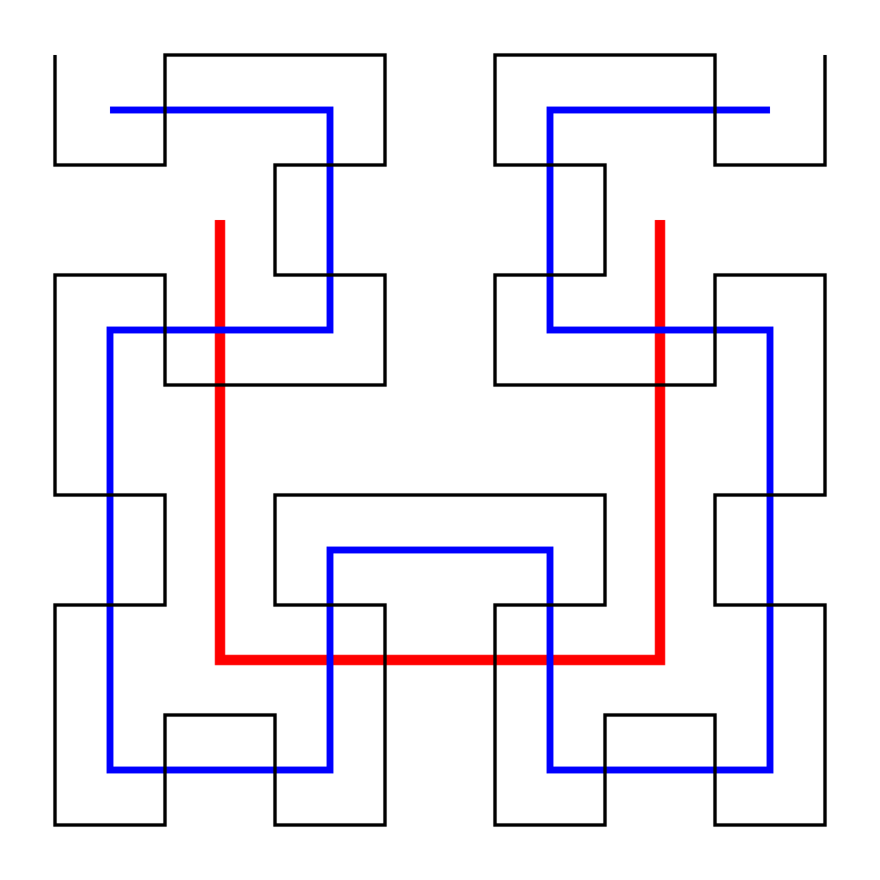 Three Hilbert curves of increasing detail drawn on top of each other in red, blue and black