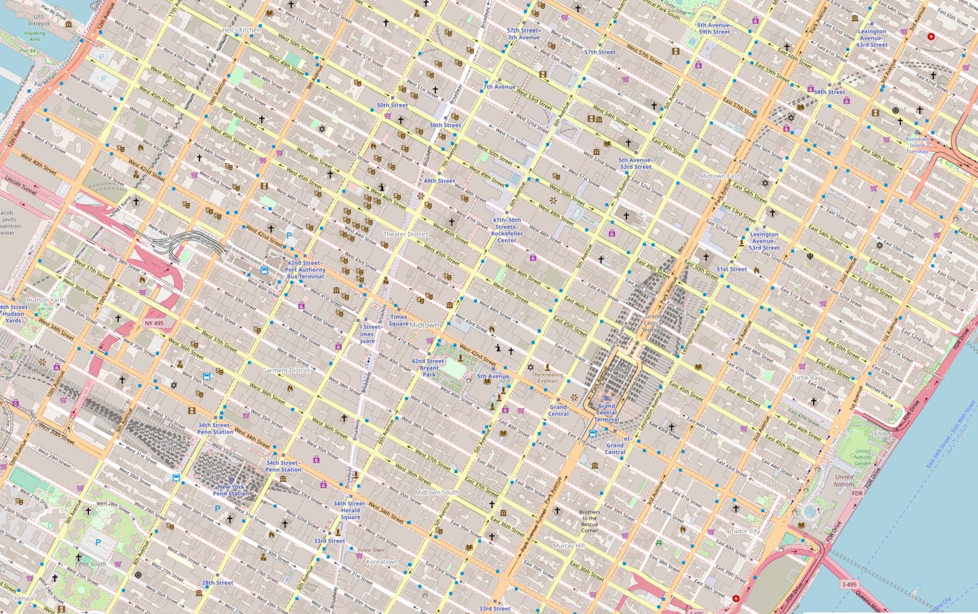 A street map of Midtown Manhattan showing its grid of avenues and streets
