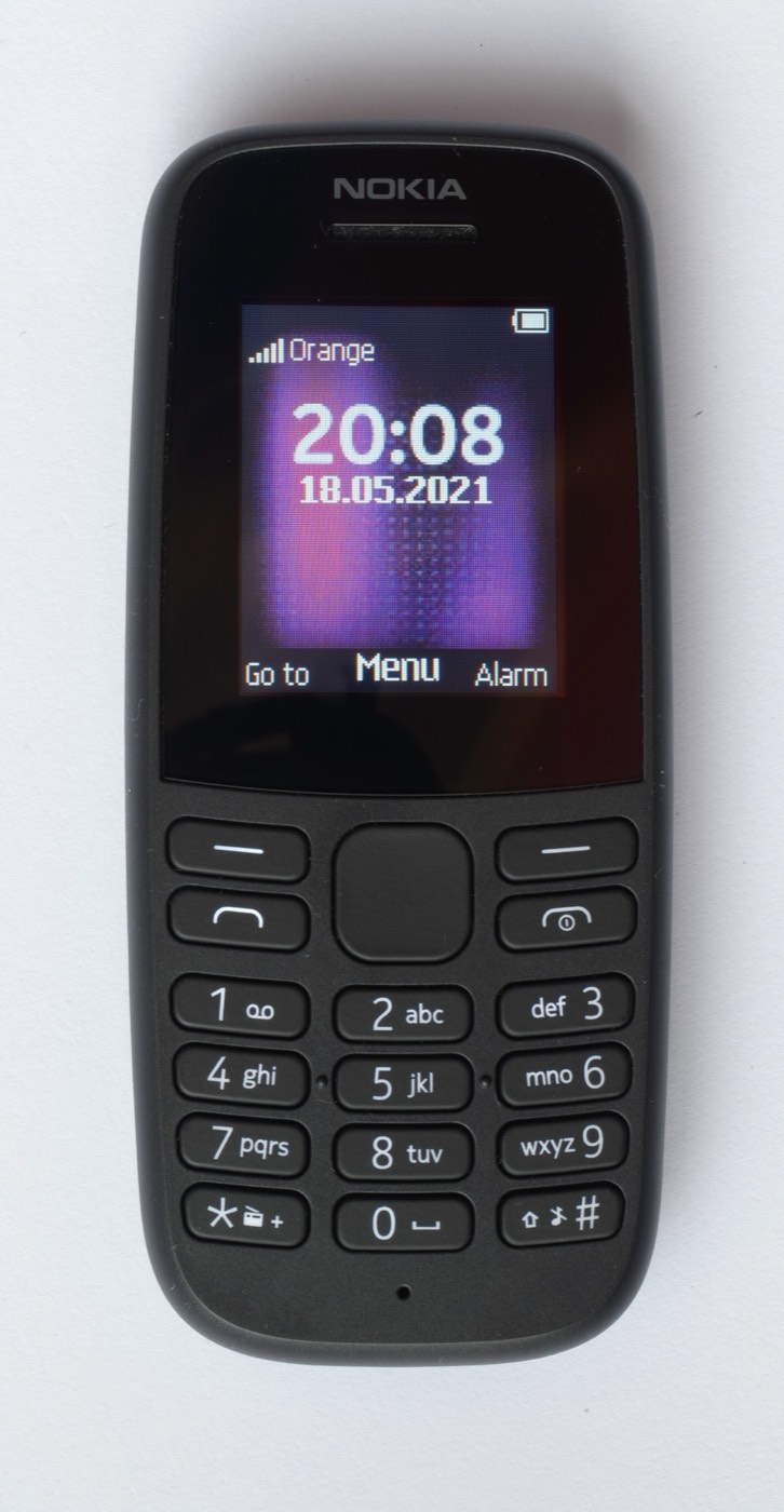 A black Nokia 105 keypad phone showing its home screen