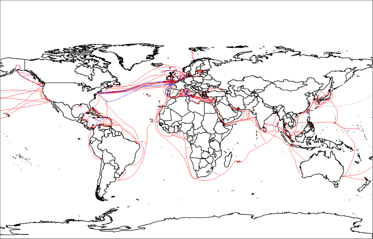 A world map with red and blue lines tracing undersea cable routes, dense across the Atlantic and through the Mediterranean to Asia