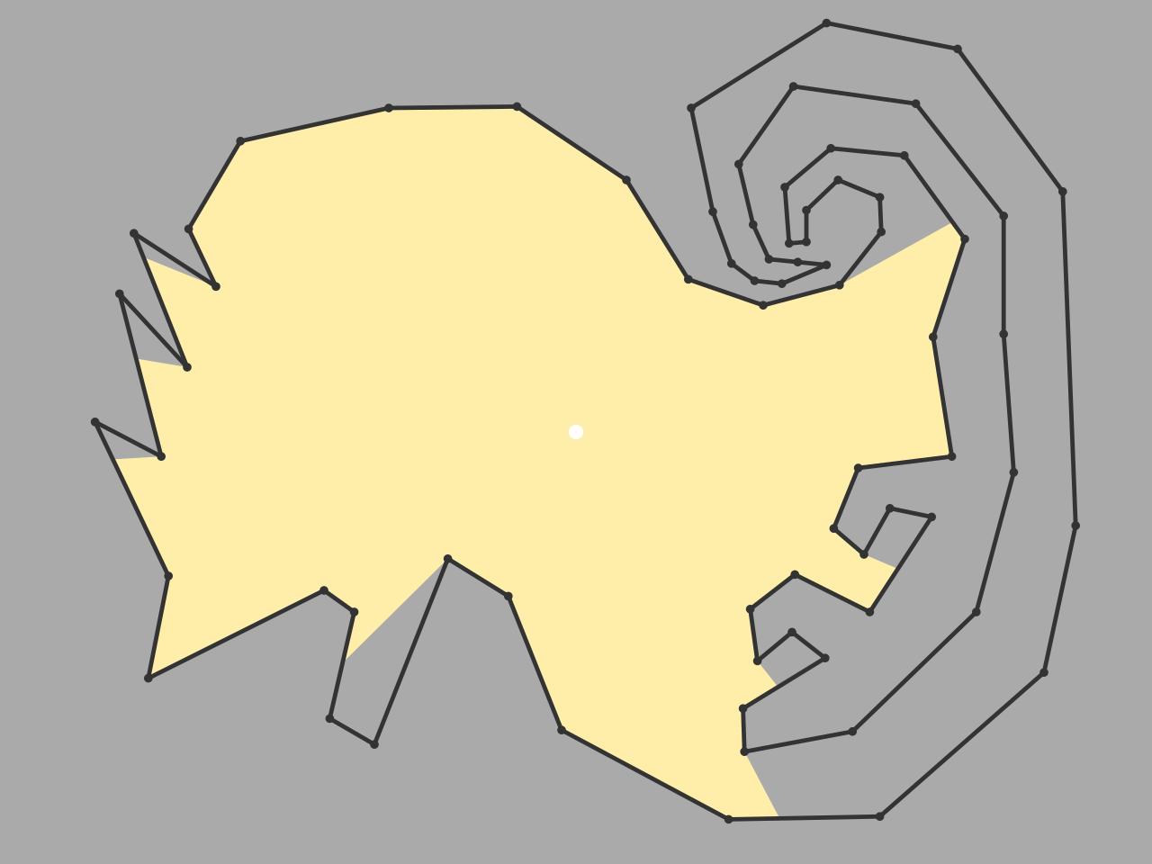 A white dot inside an irregular room outline; the area visible from the dot is shaded pale yellow and the hidden alcoves are grey