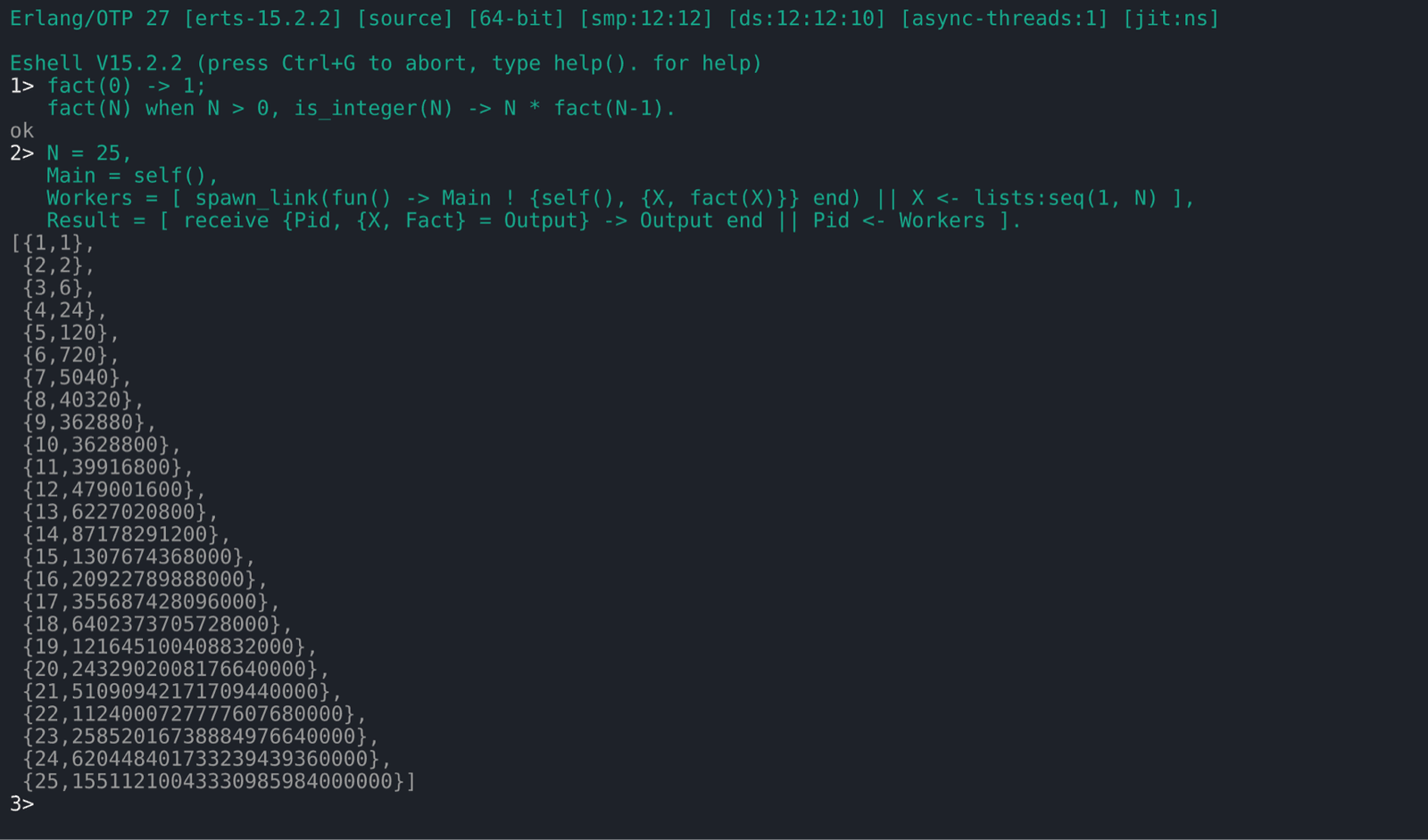 An Erlang shell session that spawns 25 worker processes in one line and prints the 25 factorials they send back