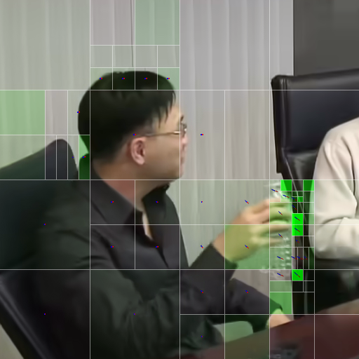 A heavily compressed video frame of a person holding a bottle, overlaid with block boundaries, small arrows and green shading