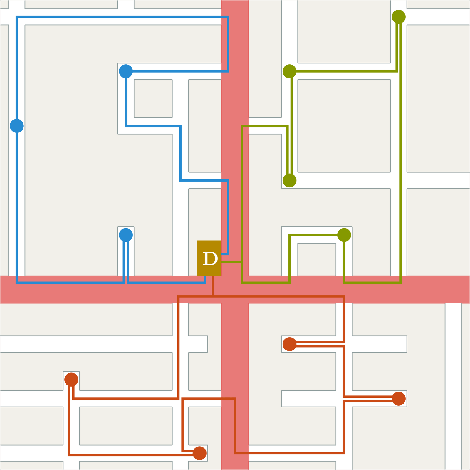 A street grid with a central depot marked D and three coloured routes, each leaving the depot and visiting three or four stops before returning