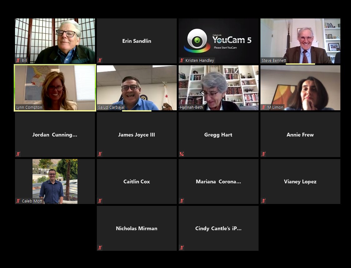 A Zoom gallery view with sixteen tiles: some show people at home, others show only a name because the camera is off