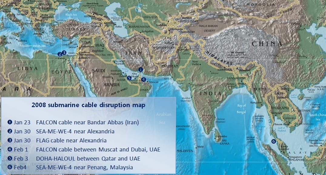 A relief map of the Middle East and South Asia with six numbered markers showing where undersea cables were damaged in January and February 2008, two near Alexandria in Egypt